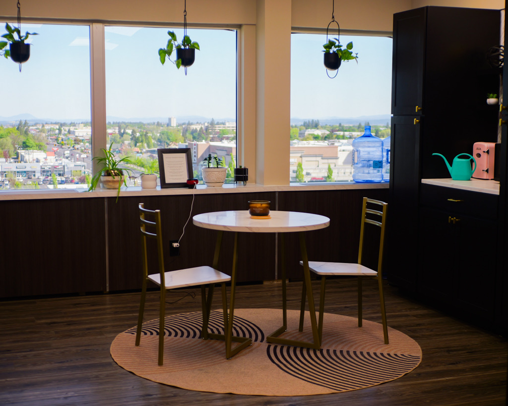 The Wellness in Motion studio lounge overlooking Spokane