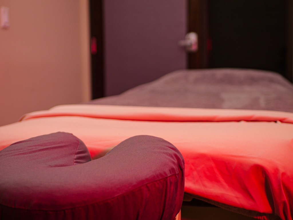 A close look at the massage table made up and ready for a session